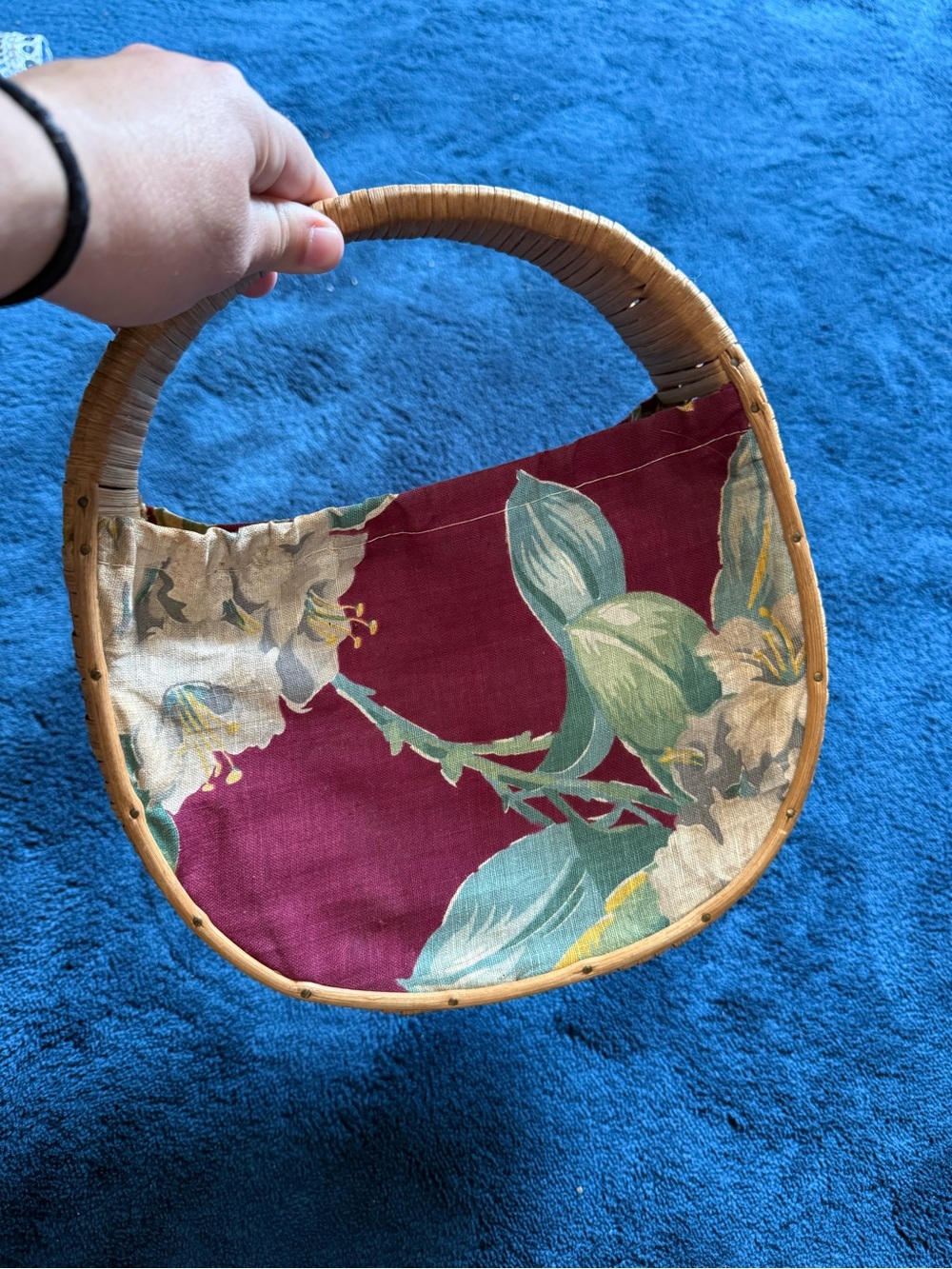 Vintage Tropical floral fabric and rattan wicker round mini purse handbag
